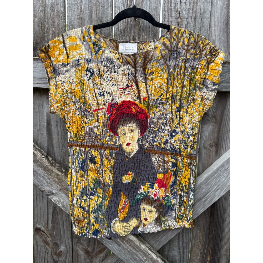 TESS Women Popcorn Shirt Impressionist Art Print Crinkle Stretch Top Medium